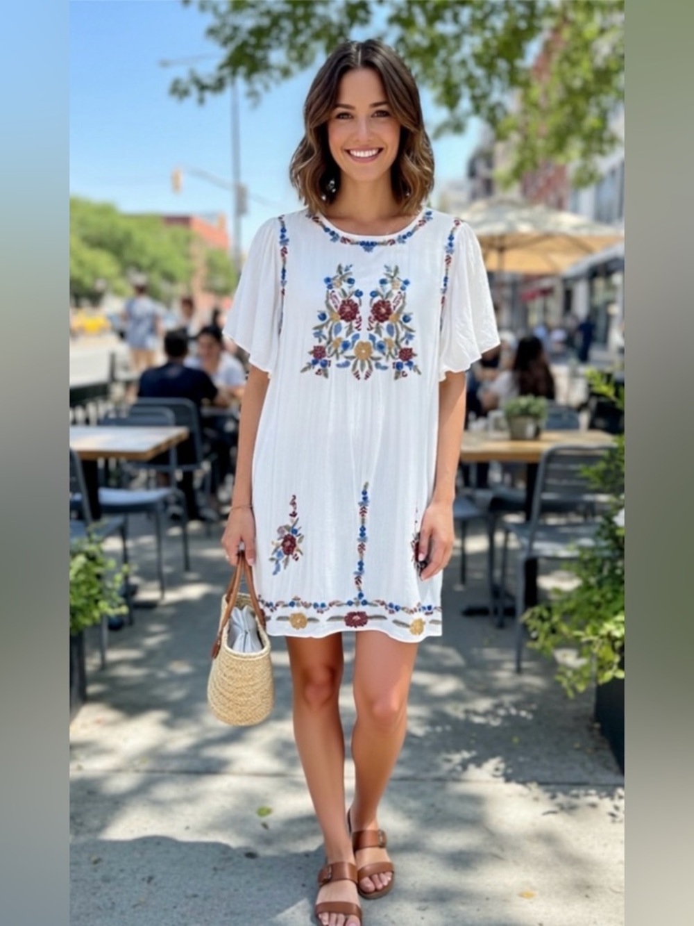 White Embroidered Boho Short-Sleeve Women's Dress